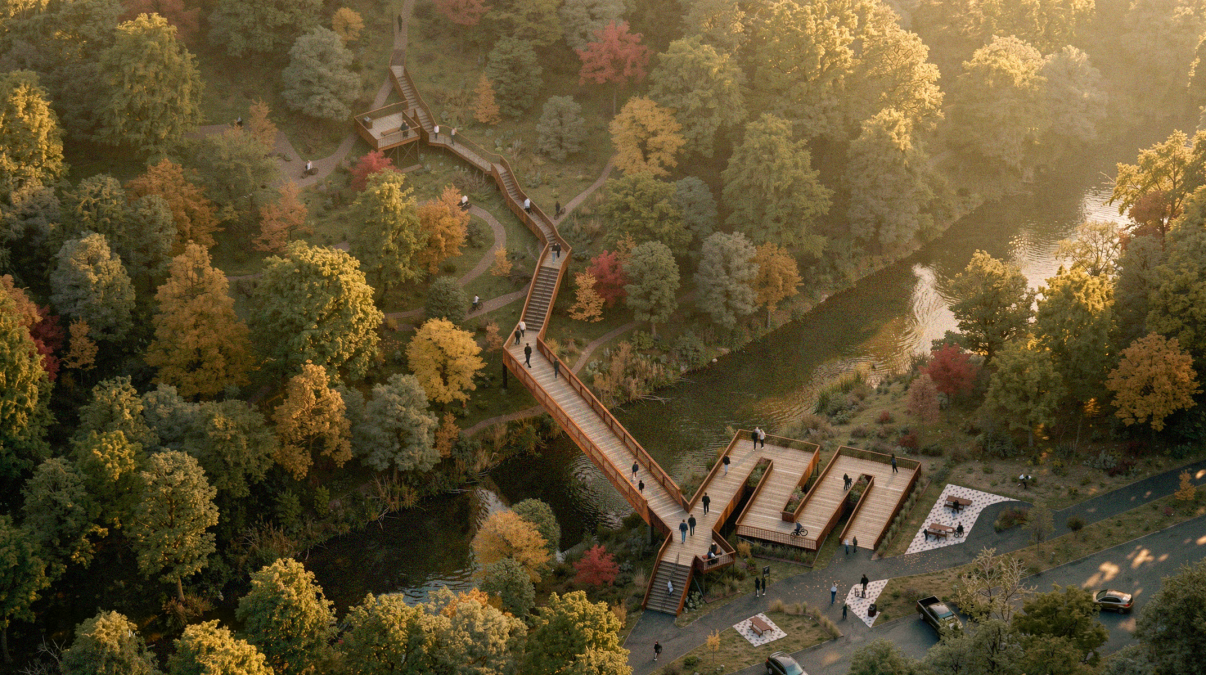 Vue aérienne de la passerelle en bois traversant la rivière Chassé à Sainte-Marie, reliant les sentiers boisés au belvédère et à l'aire d'accueil