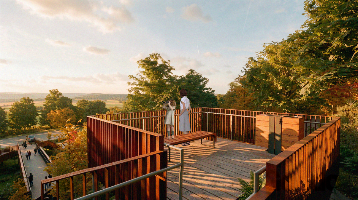 Belvédère en acier corten de la passerelle de la rivière Chassé, offrant une vue dégagée sur le paysage agricole de Sainte-Marie