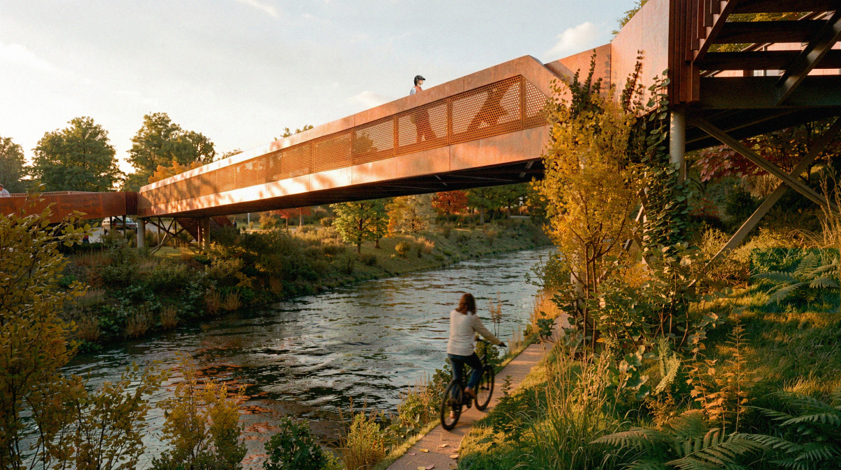 Passerelle piétonne et cyclable en acier corten perforé enjambant la rivière Chassé, avec sentier riverain